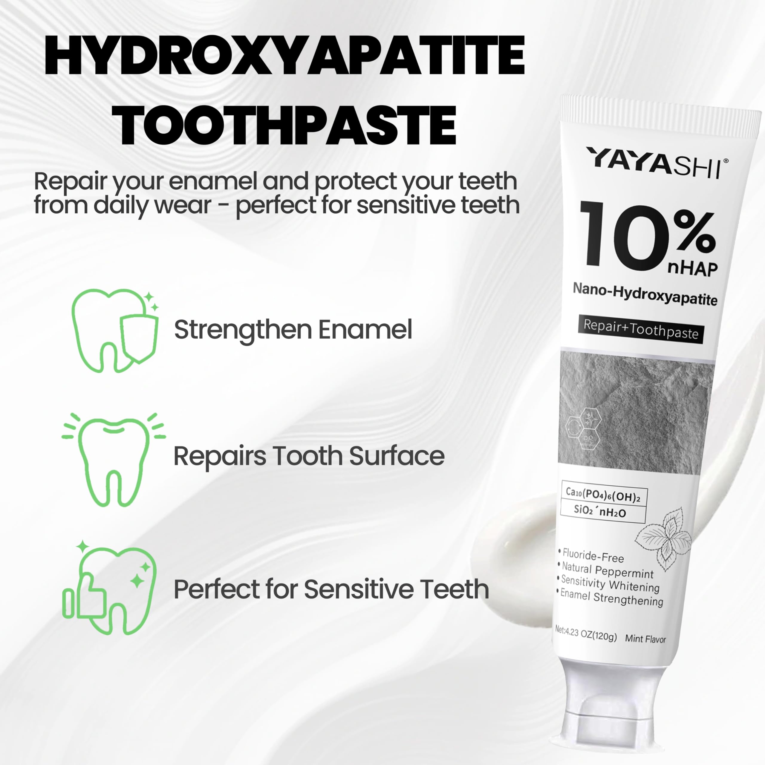 Close-up of hydroxyapatite toothpaste tube showing packaging