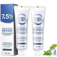Packaging showing two hydroxyapatite toothpaste tubes