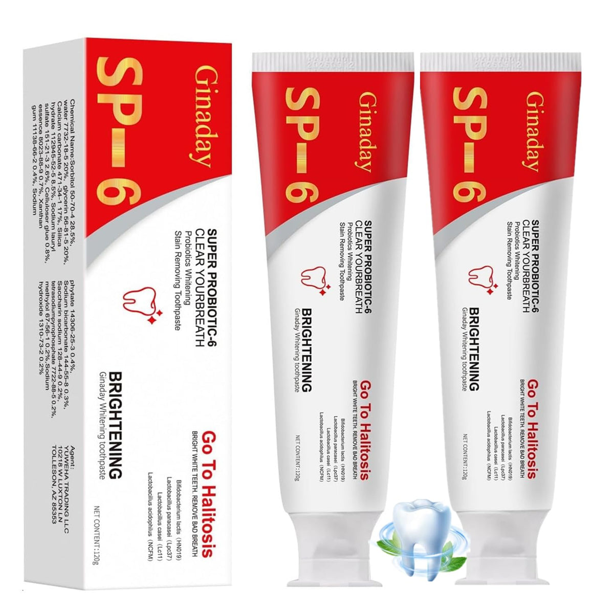 Front view of 2-piece SP-6 Probiotic Whitening Toothpaste set