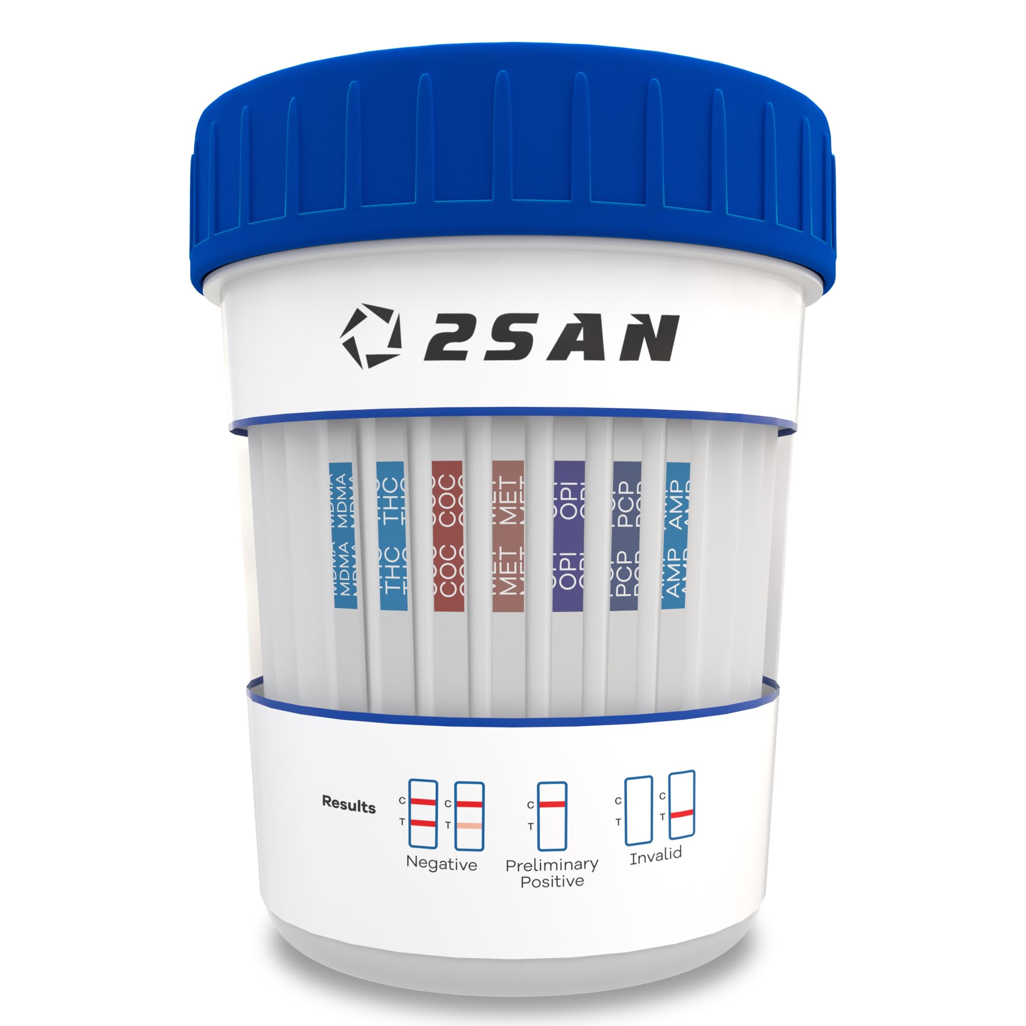 Front view of 2San 7-panel drug test cup for at-home use