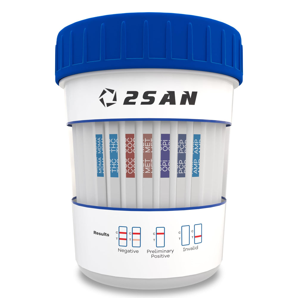 Front view of 2San 7-panel drug test cup for at-home use