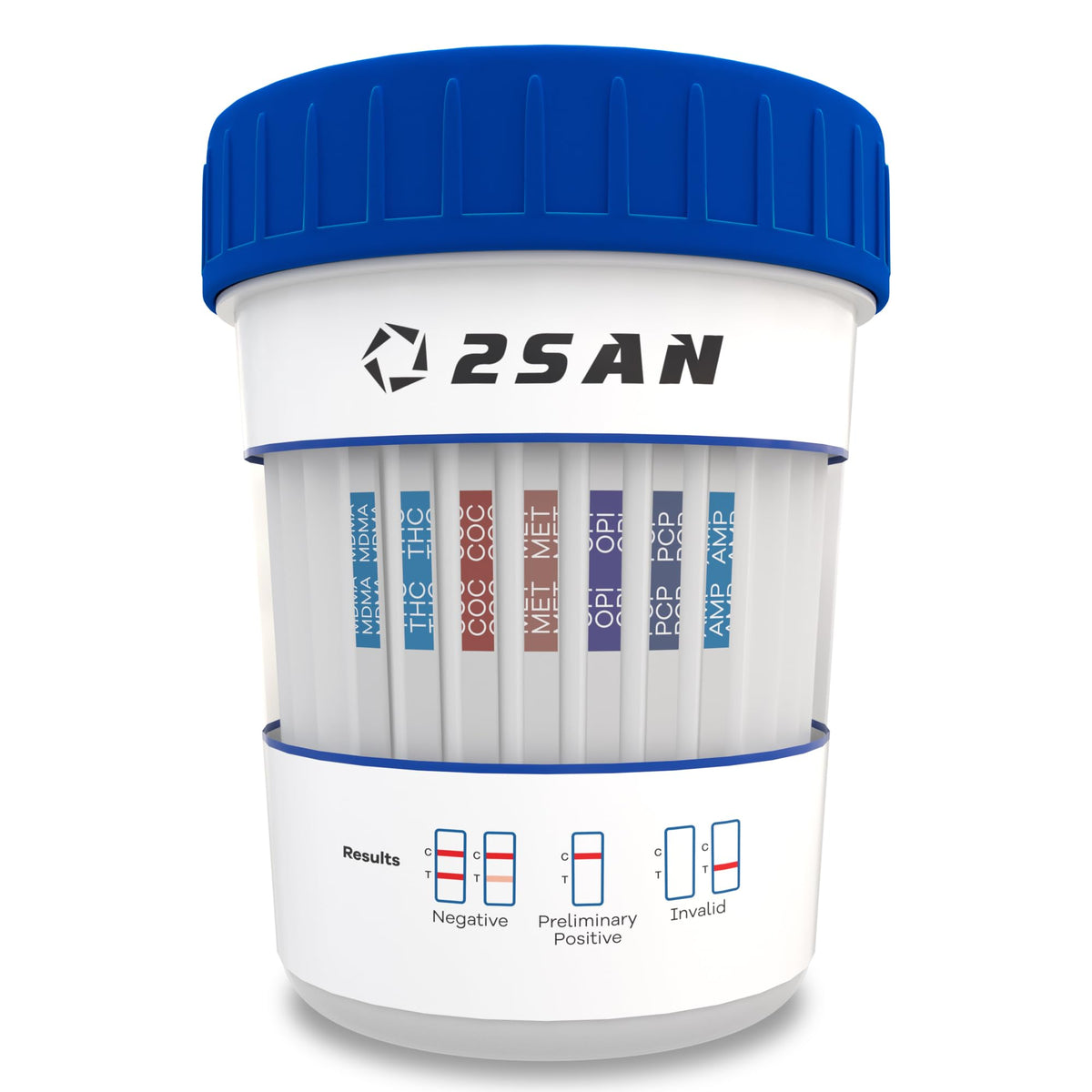 Front view of 2San 7-panel drug test cup for at-home use
