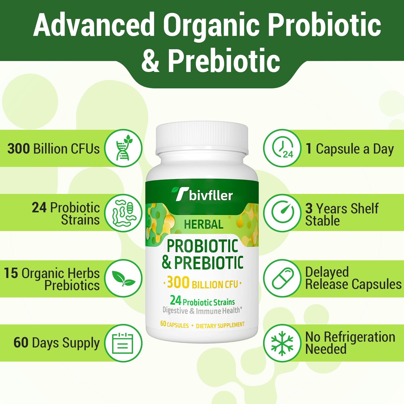 Close-up of 3-in-1 probiotic with probiotics, prebiotics, and organic herbs