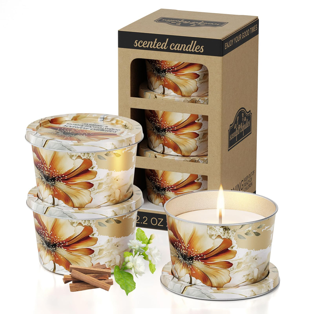 Three-pack aromatherapy candles in travel-size tins with Jasmine, Musk and Sandalwood scent