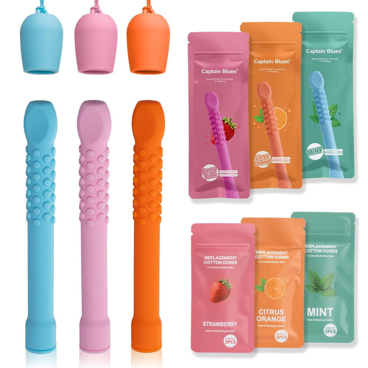 Three-pack multicolor chewable silicone aroma sticks