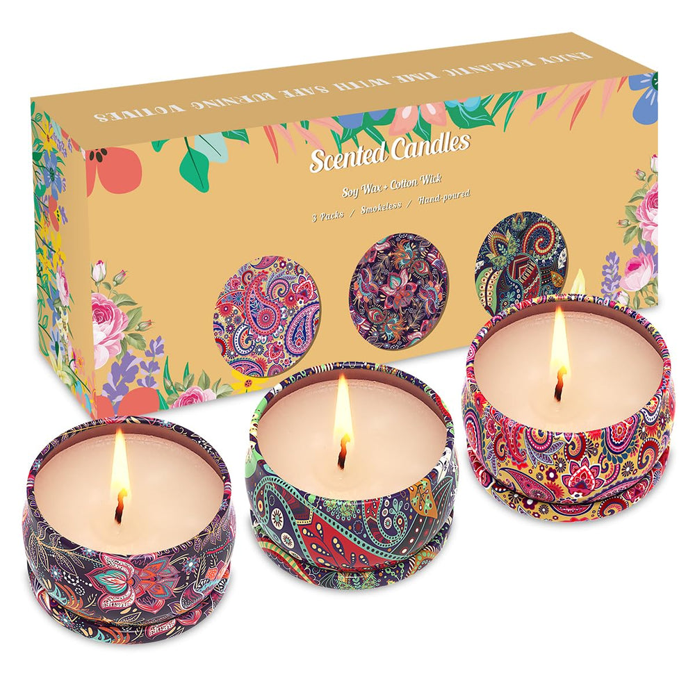 Hero image of 3-pack candle set with lavender, vanilla and rose scents
