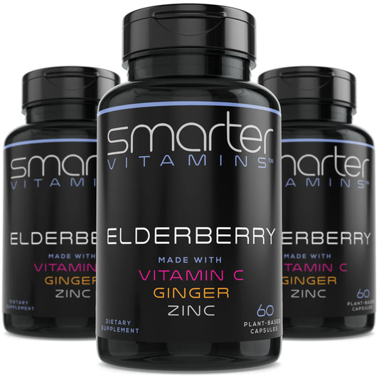 Three pack elderberry capsules bottles showing 180 vegan capsules