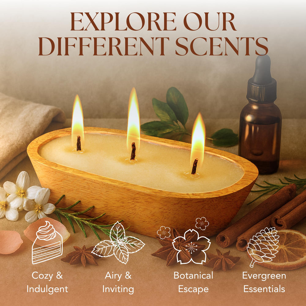 3-wick soy candle in an all-natural dough bowl made from mango wood