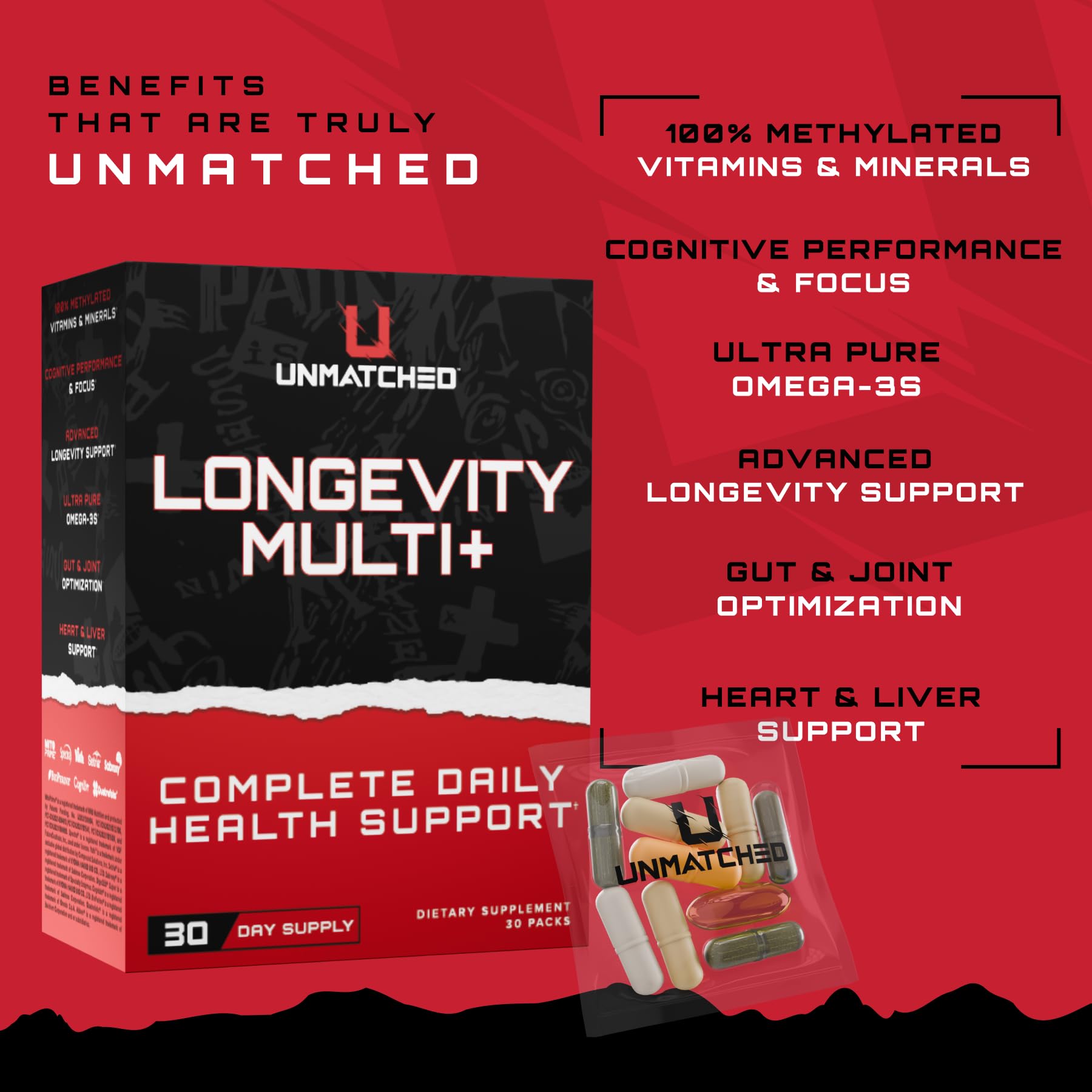 30-day supply box of Unmatched Longevity Multi+