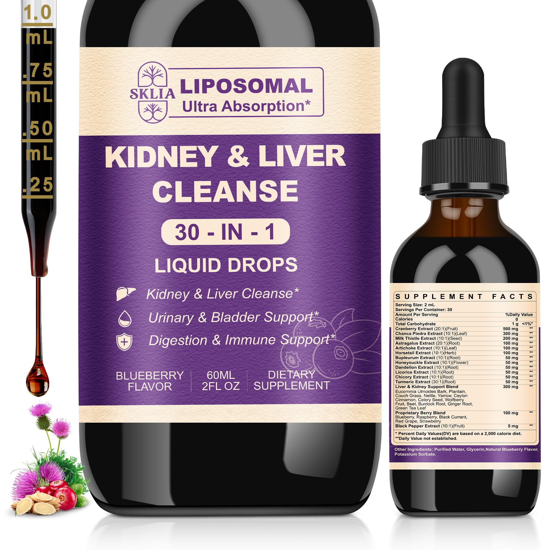 Blueberry-flavored bottle of 30-in-1 kidney and liver detox drops