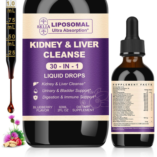 Blueberry-flavored bottle of 30-in-1 kidney and liver detox drops