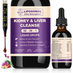 Blueberry-flavored bottle of 30-in-1 kidney and liver detox drops