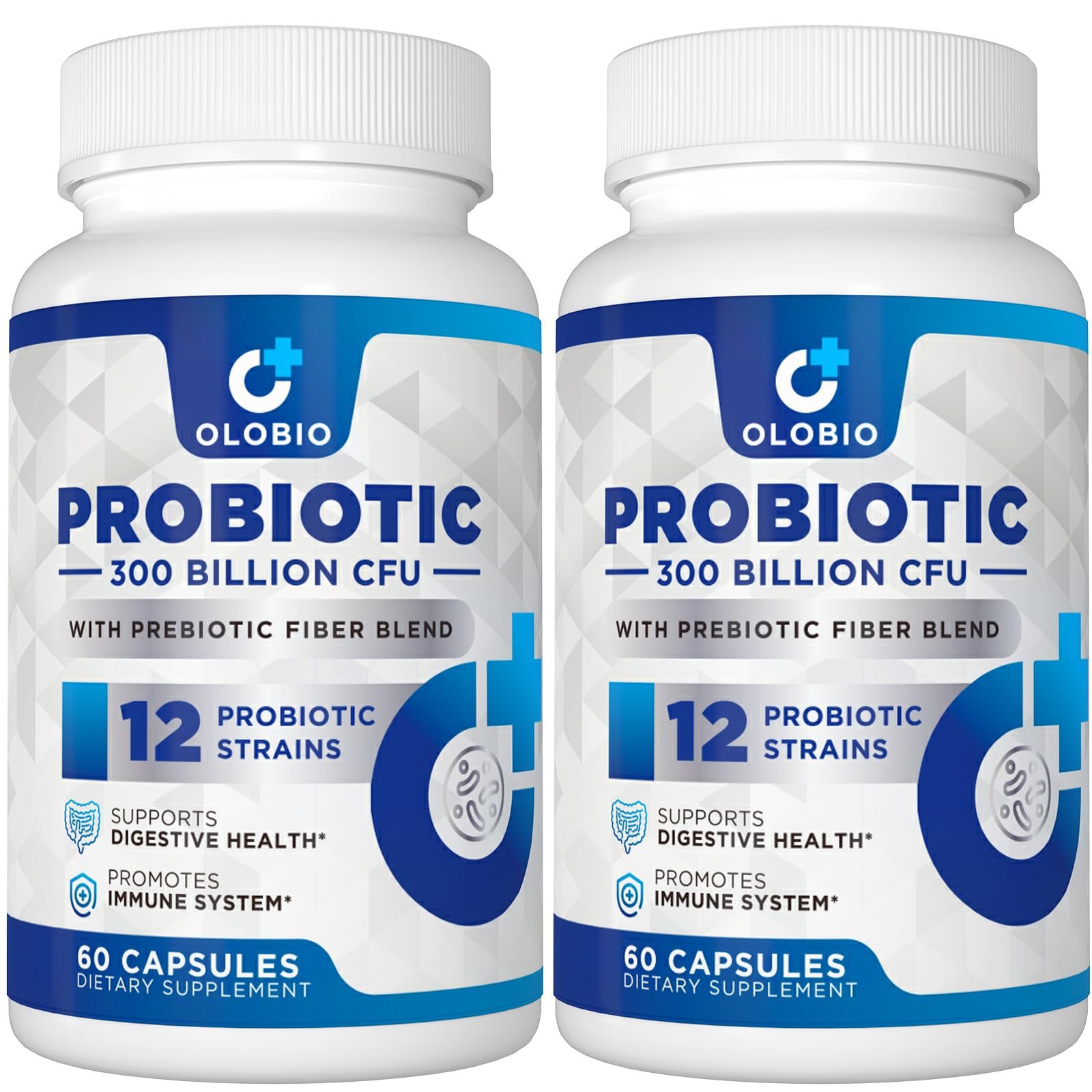 Bottle label showing 300 Billion CFU probiotic with 12 strains and 3 organic prebiotics.