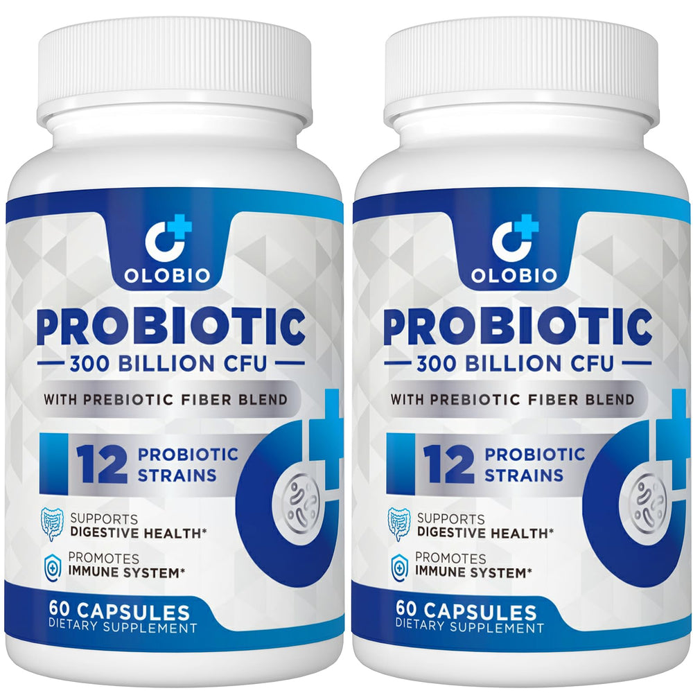 Bottle label showing 300 Billion CFU probiotic with 12 strains and 3 organic prebiotics.