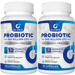 Bottle label showing 300 Billion CFU probiotic with 12 strains and 3 organic prebiotics.