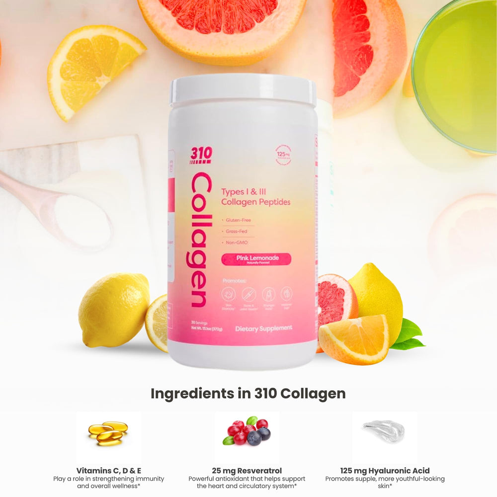 Graphic of hyaluronic acid, resveratrol and vitamins C, D and E as collagen boosters