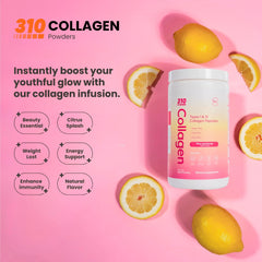 Collagen peptides powder with pink lemonade flavor served with scoop
