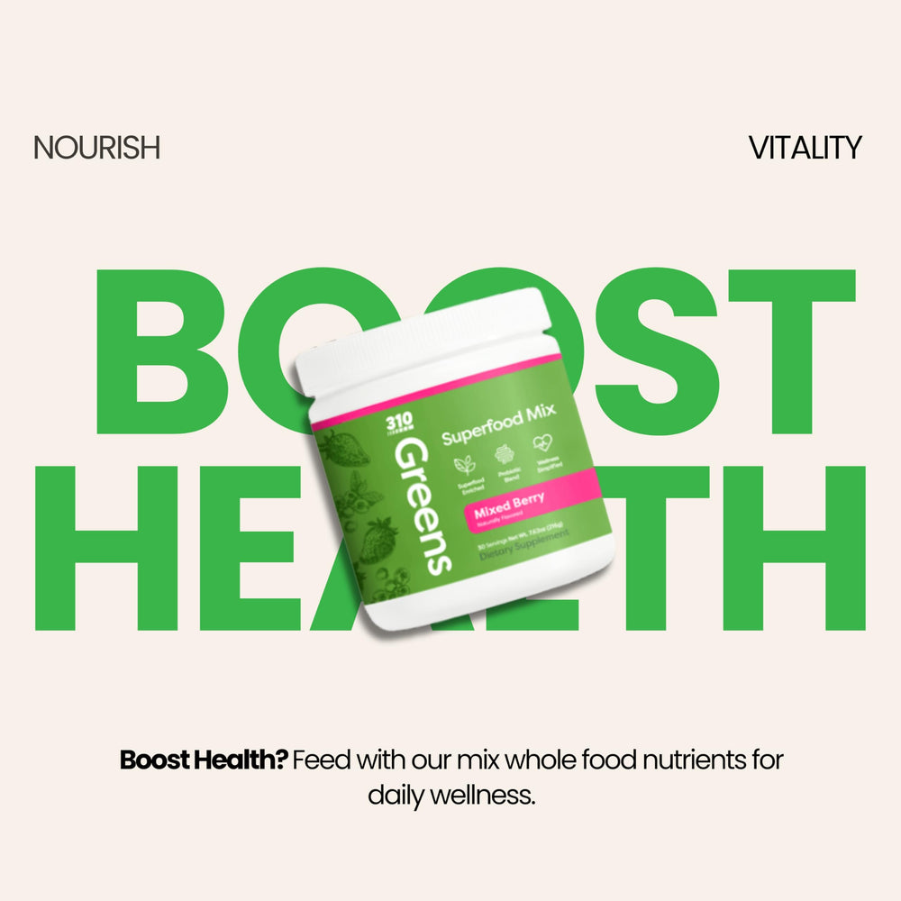 Nutrition facts label on the 310 Nutrition Greens Powder packaging