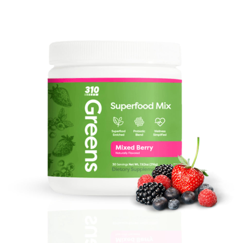 Front packaging of 310 Nutrition Organic Superfood Greens Powder Berry flavor (30 servings)