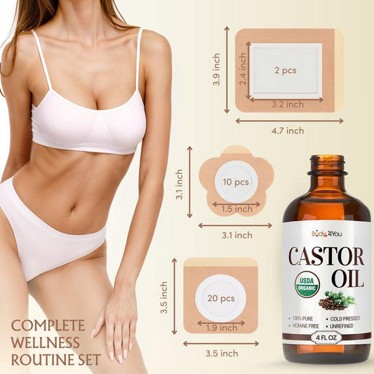 Close-up of USDA Organic castor oil in amber glass bottle