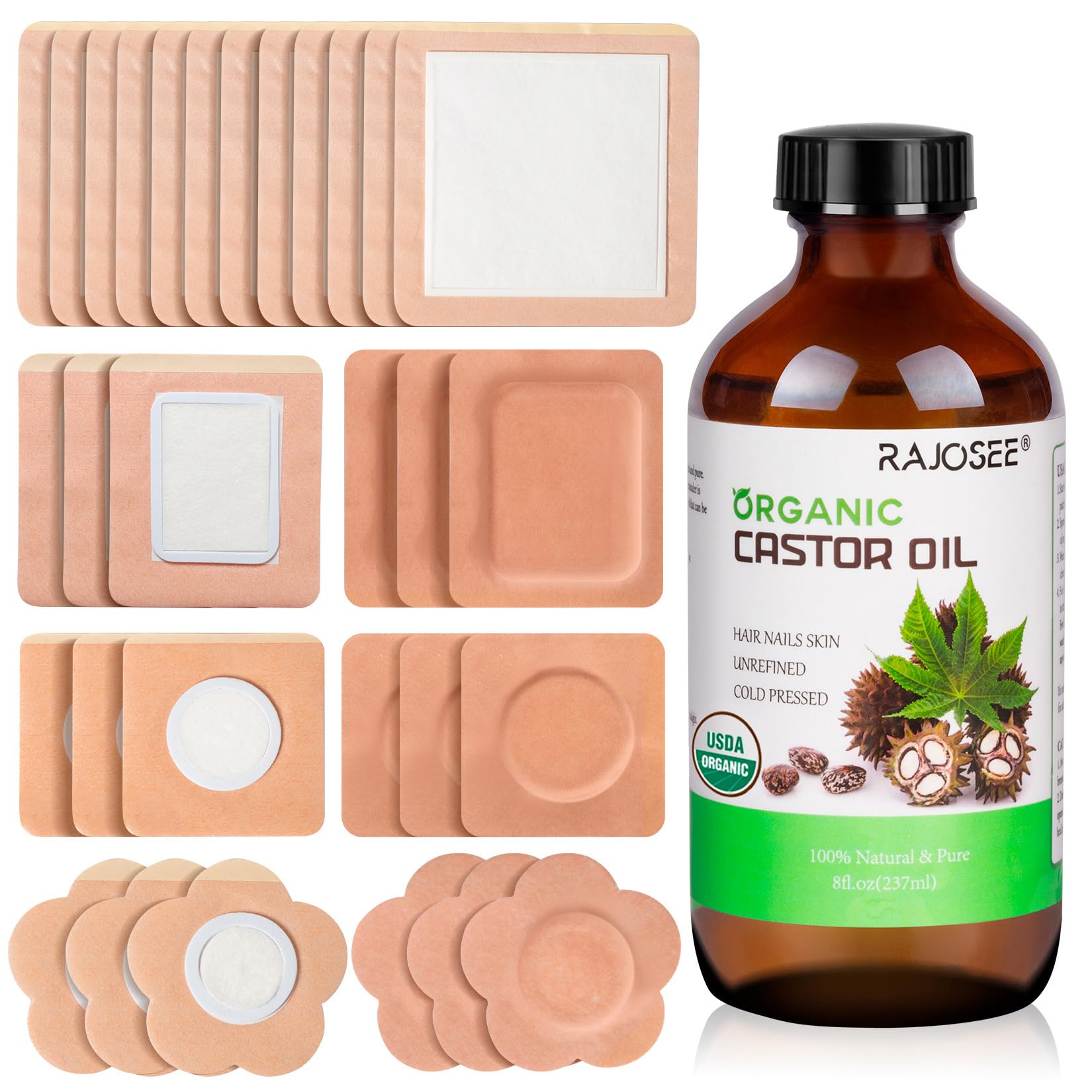 32-piece castor oil pack set with 8oz glass bottle