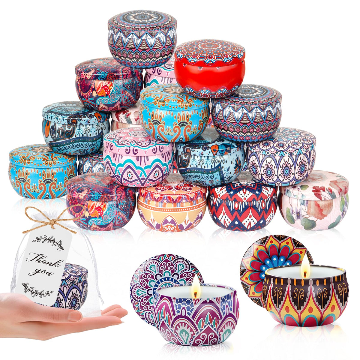 36-pack scented candles gift set with 36 tin jars, thank you cards, and organza bags