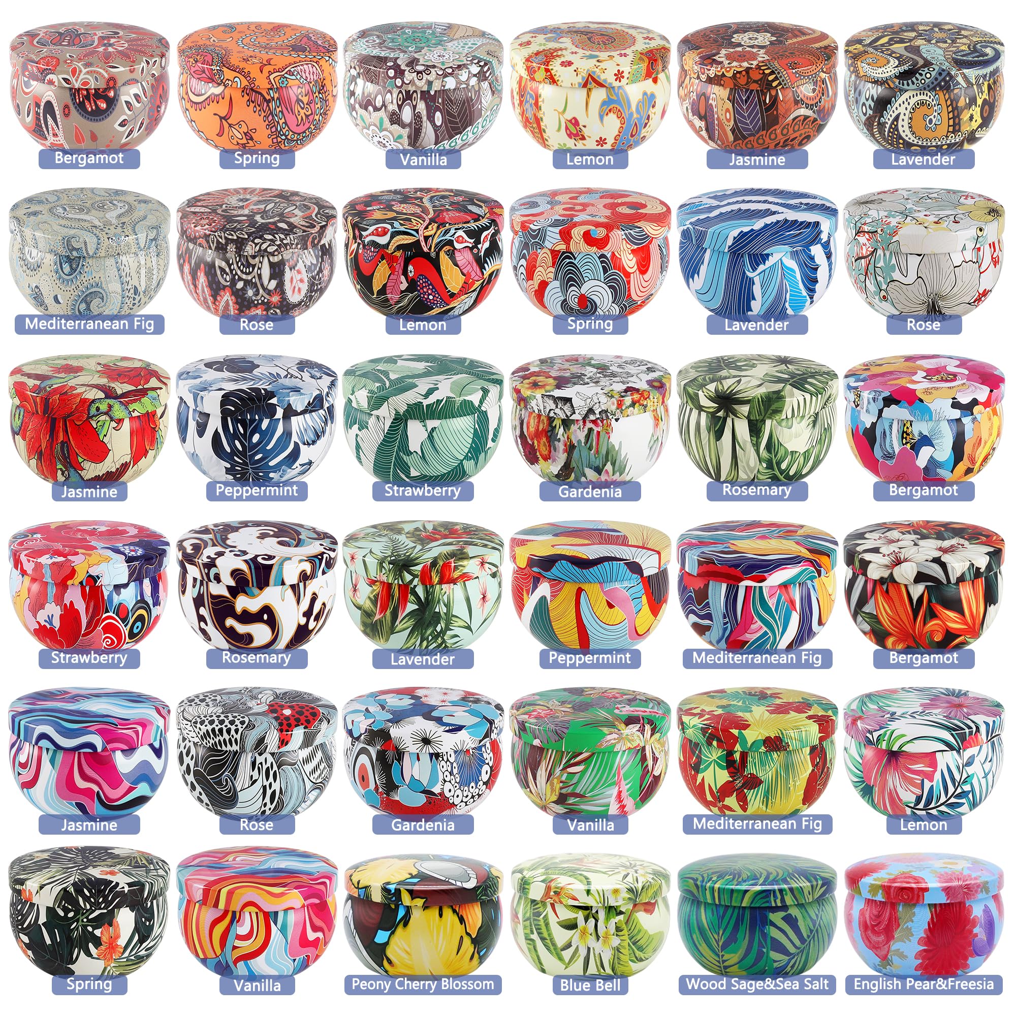 Close-up of assorted candle fragrances in glass jars