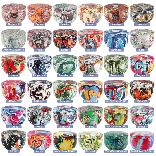 Close-up of assorted candle fragrances in glass jars