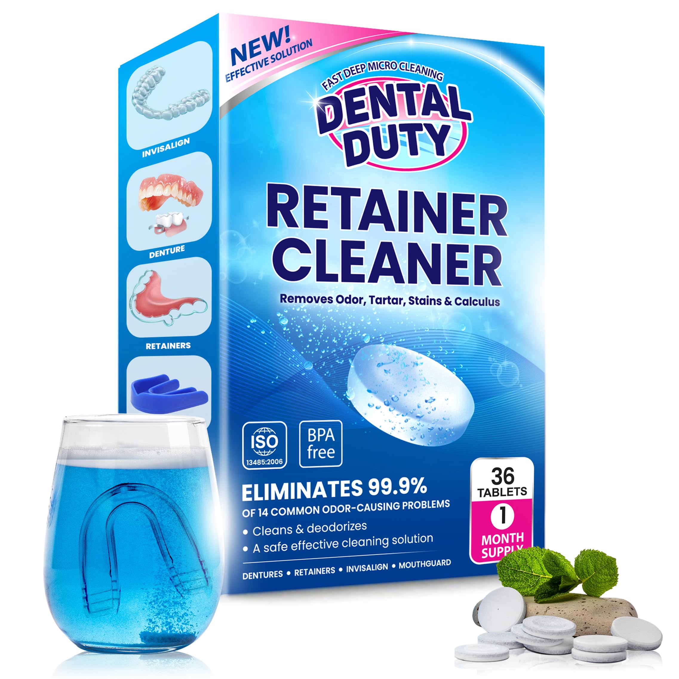 Front cover of 36-unit retainer and denture cleaning tablets package