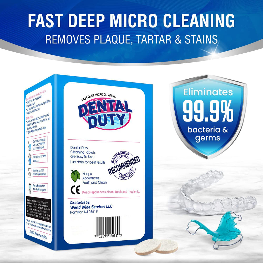 Close-up image of the Dental Duty 36-tablet cleaning kit