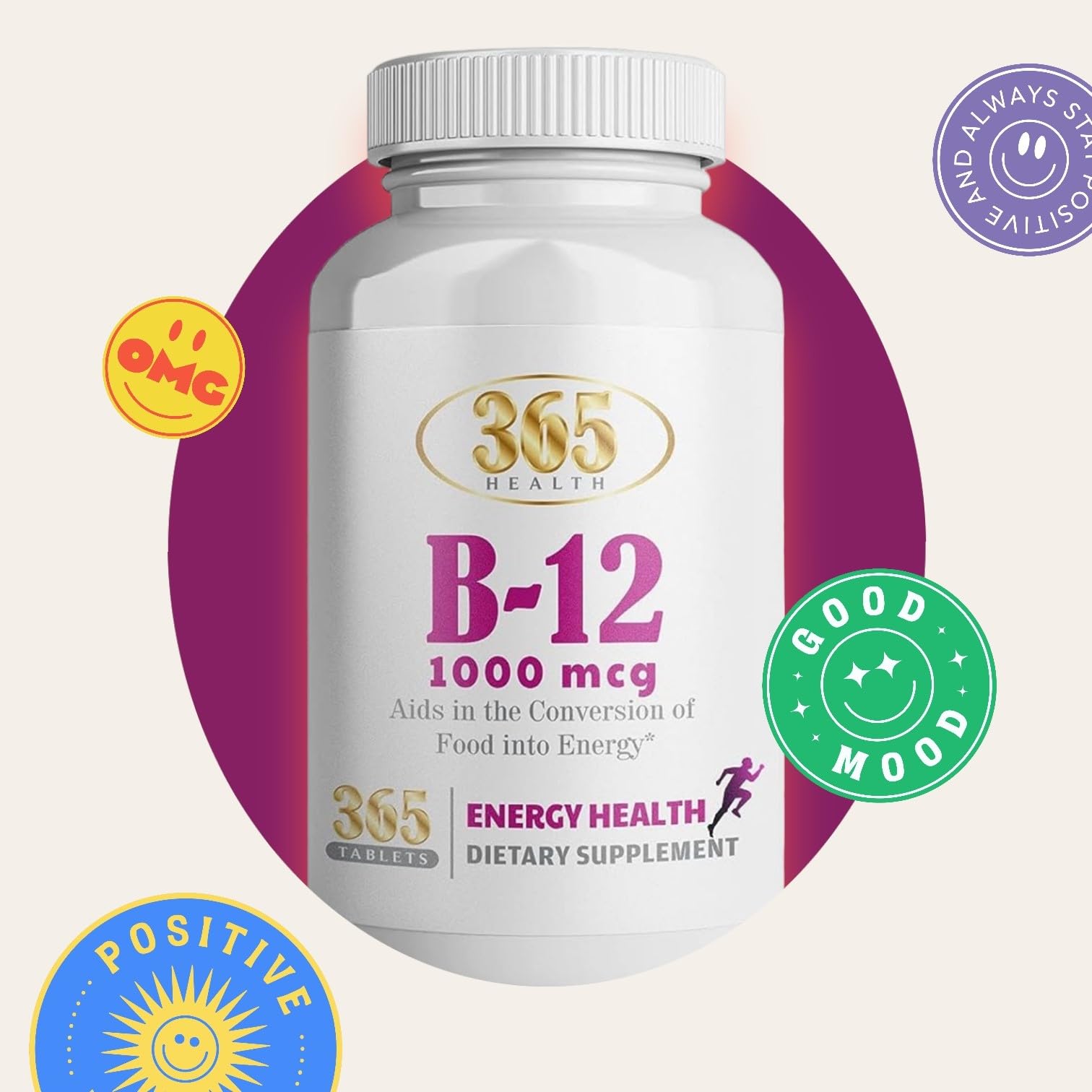 Bottle label showing Vitamin B12 1000mcg per tablet