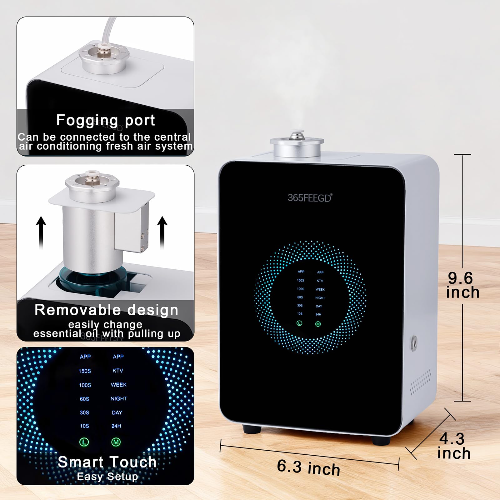 365FEEGD diffuser app control panel shows scheduling and intensity settings, enabling smart fragrance.