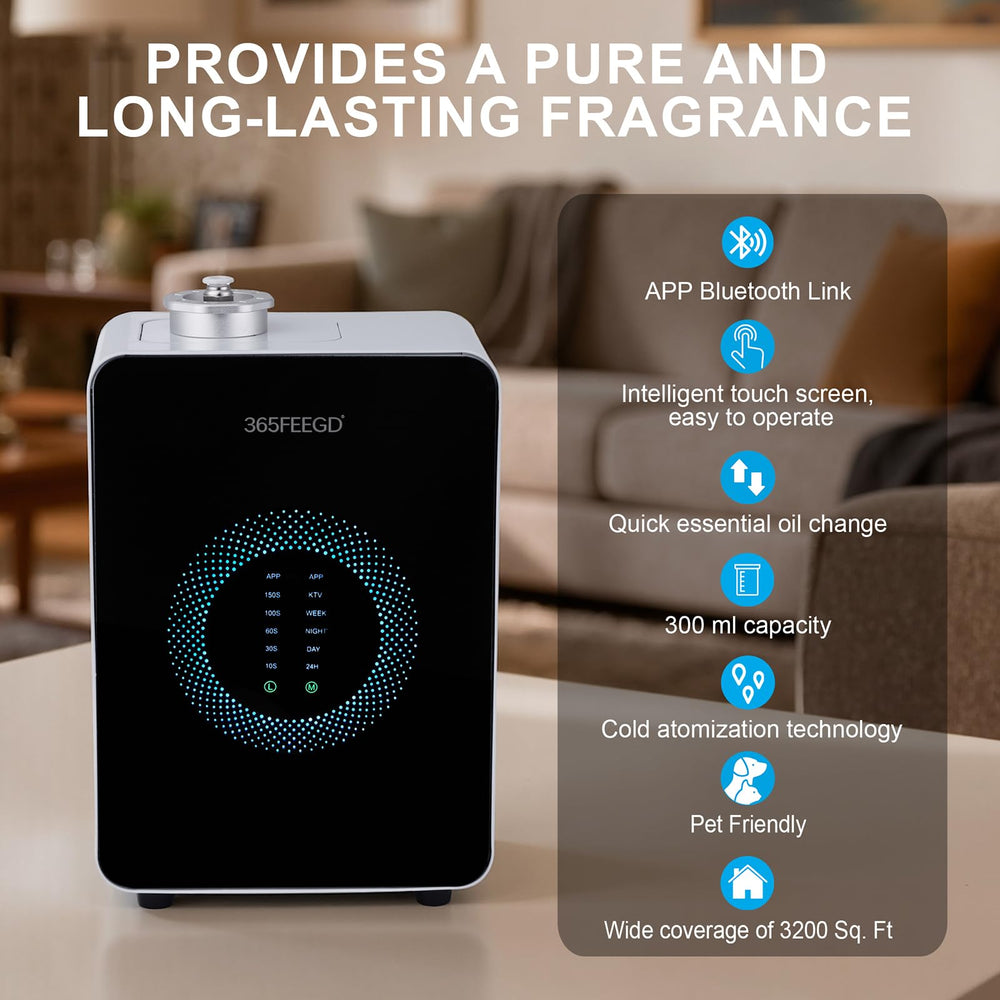 365FEEGD diffuser 300 mL tank delivers up to 30 days of aroma per fill, reducing refills.