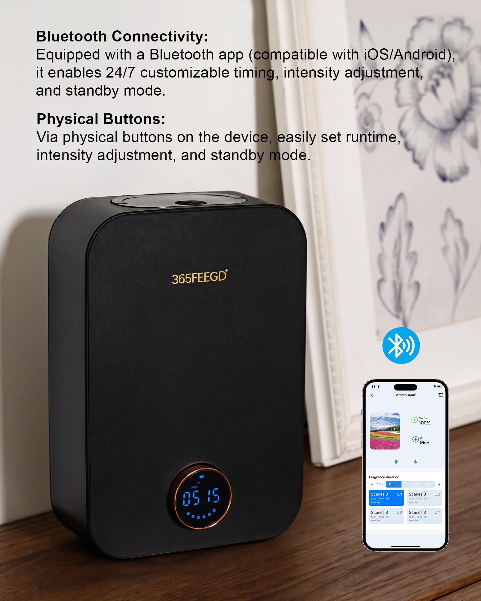 365FEEGD diffuser atomization close-up showing fragrance delivery technology.