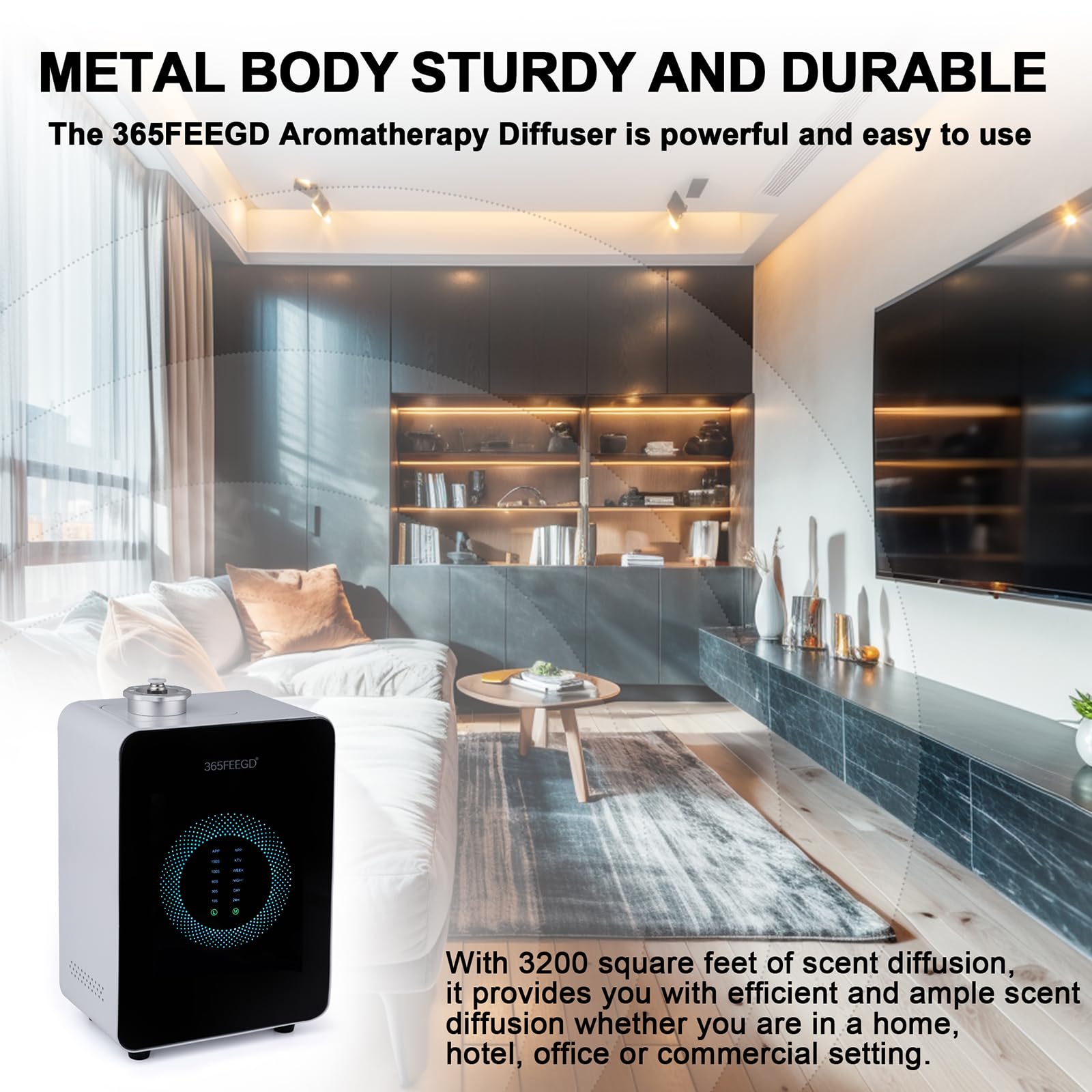 365FEEGD diffuser in a spa lobby demonstrates hotel-grade scent diffusion.