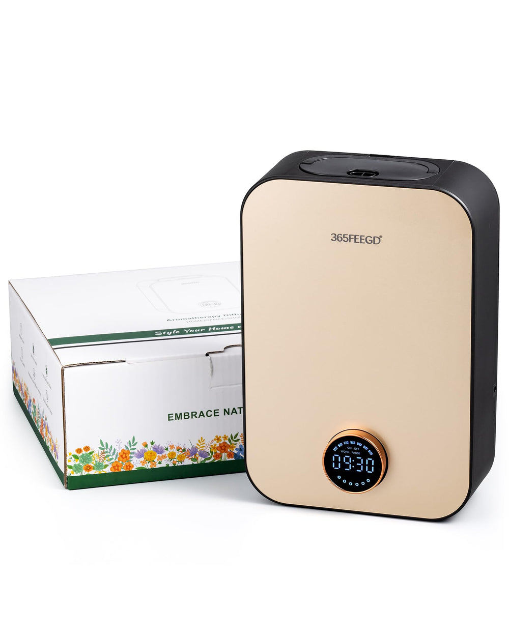 365FEEGD home diffuser front view with 150ml reservoir for extended aroma diffusion.