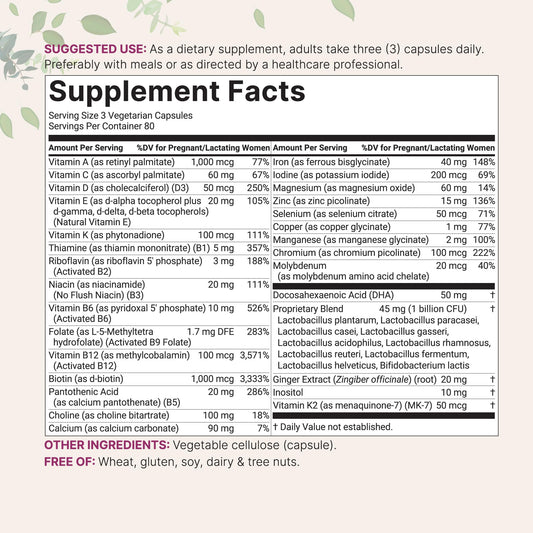 38 nutrients with DHA, choline, probiotics, ginger and inositol