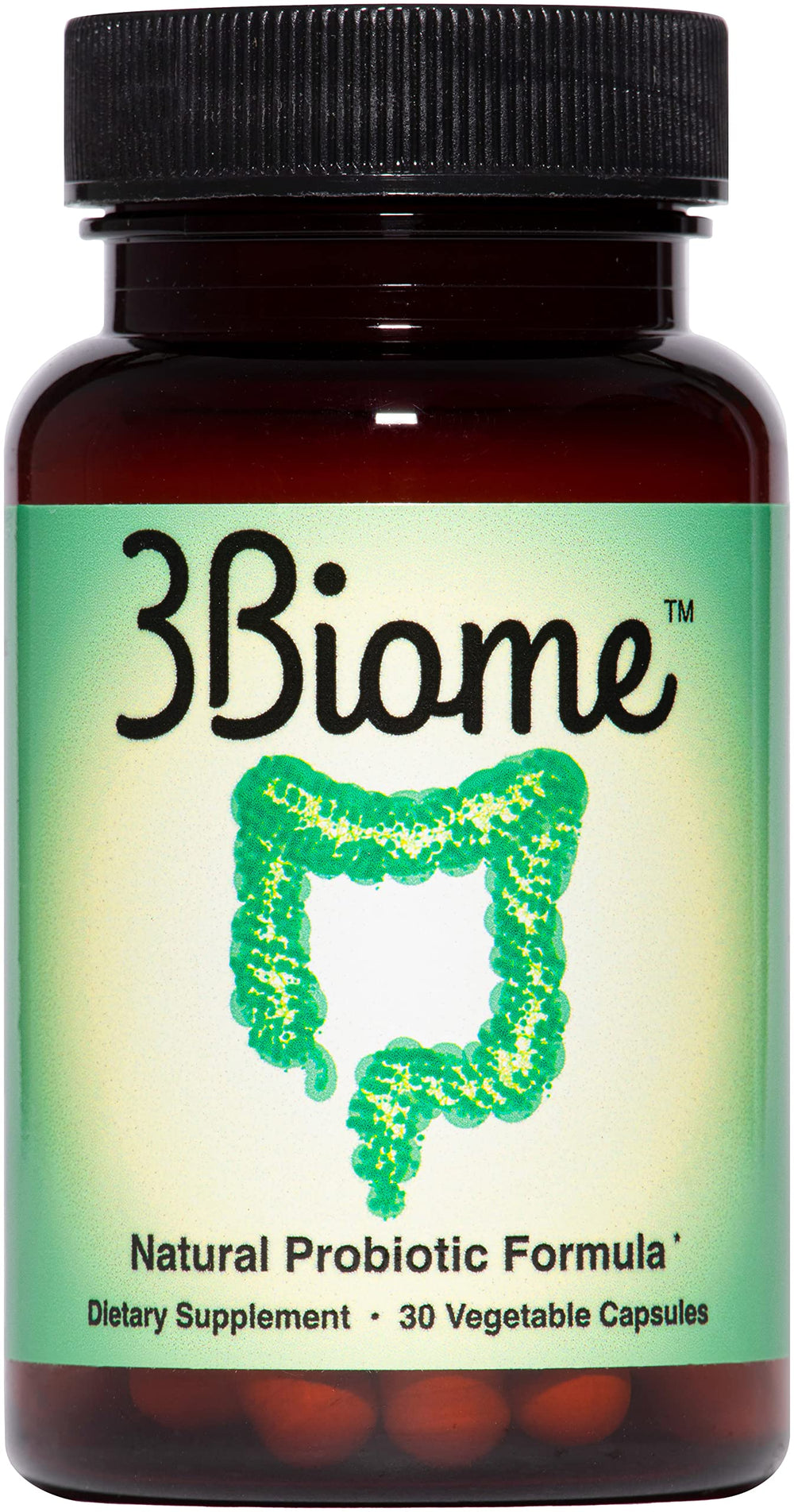 3Biome probiotic bottle and capsules highlighting non-GMO vegan formula for digestion support