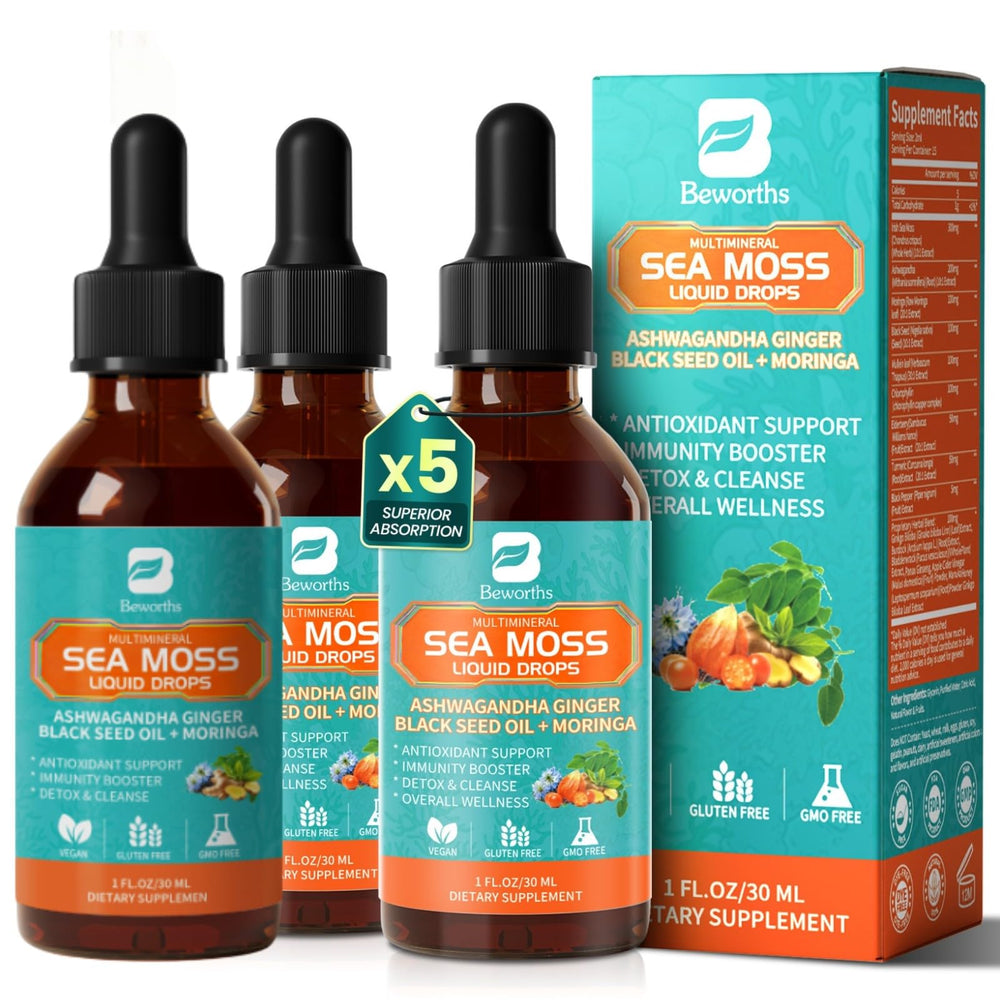 Front view of 3Pack Sea Moss Drops bottle with chlorophyll liquid