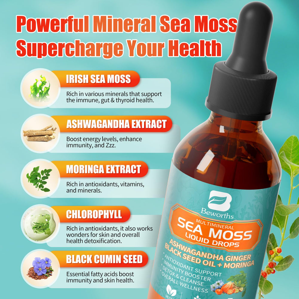 Close-up of Sea Moss Drops bottle label showing minerals
