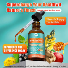 Sea moss gel and bottle with herbal background