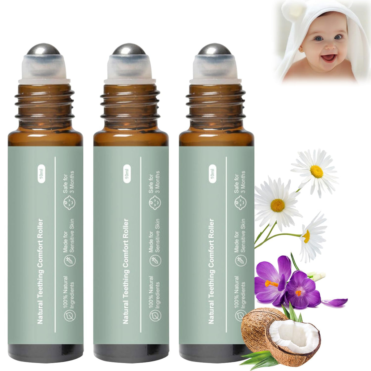 Front view of 3Pcs Mama's Teether Teething Oil Roller package