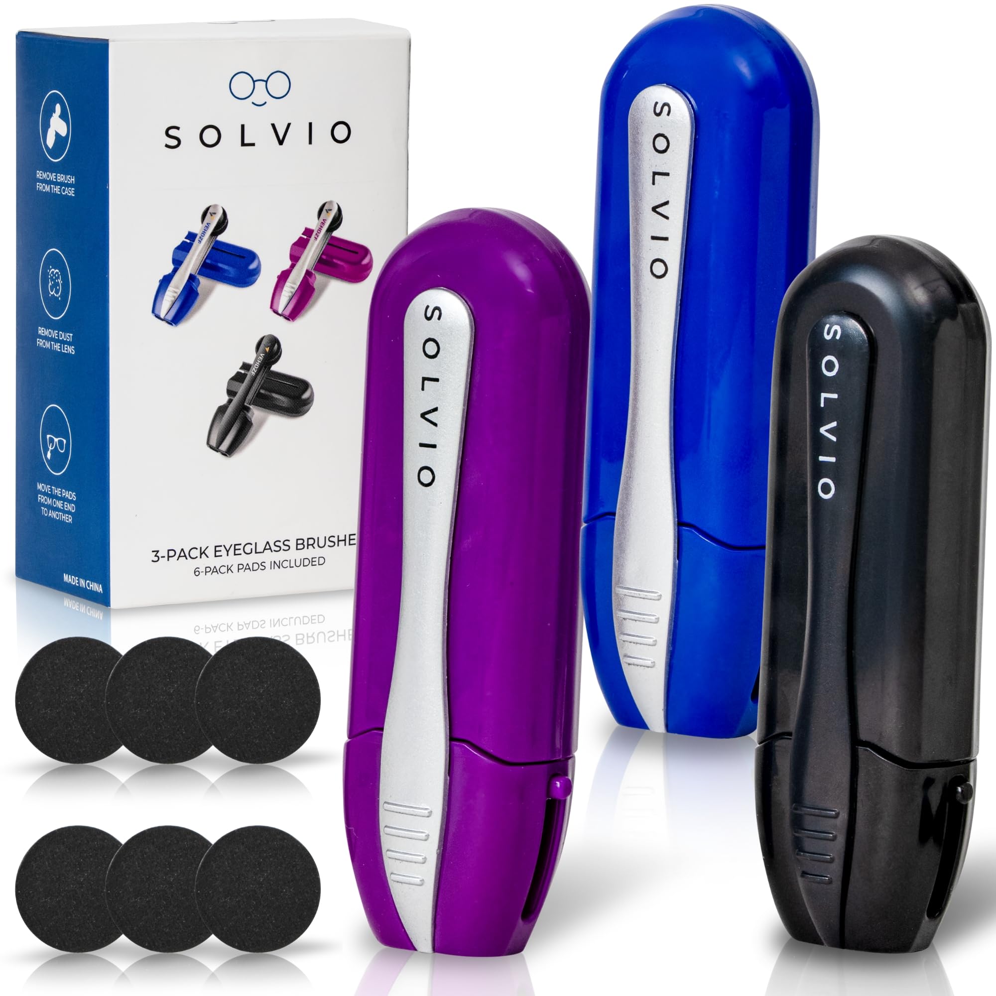 Three-pack portable microfiber eyeglass cleaner kit with brush