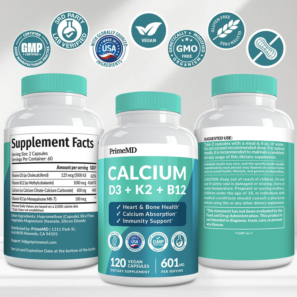 Bottle showing label for calcium with D3 and K2 5000 IU