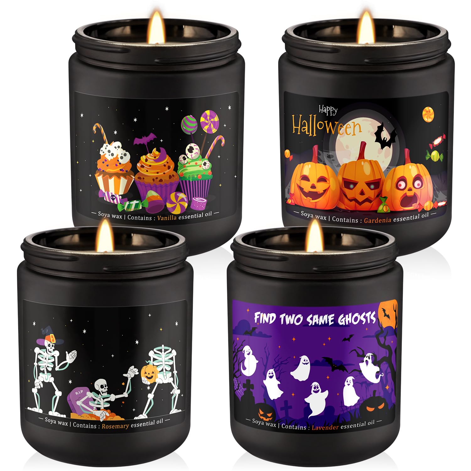 Four 8oz Halloween scented soy wax candles in a 4-pack set