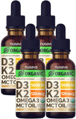 Four-pack organic vitamin D3 K2 drops in vanilla flavor 4oz bottle, front view