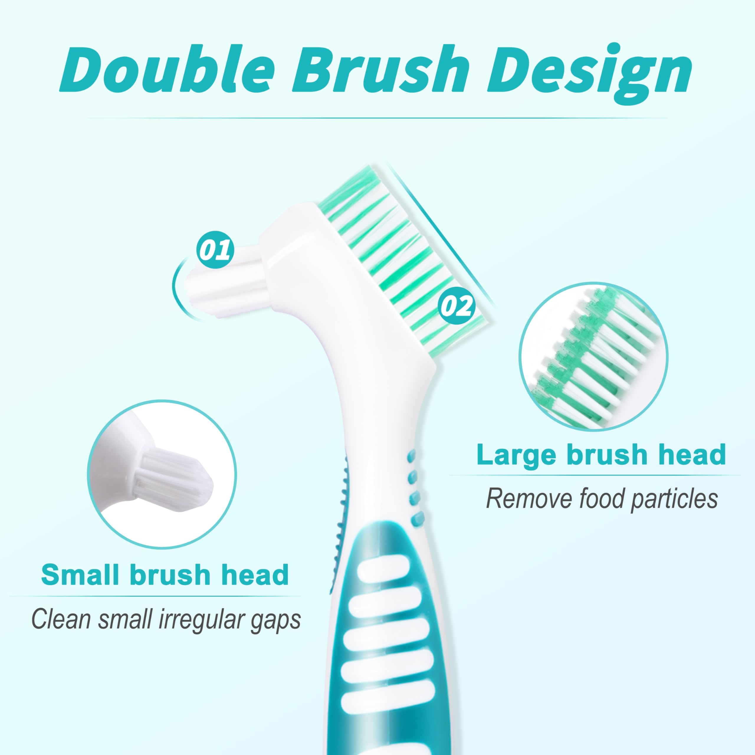 Denture brush featuring an ergonomic rubber anti-slip handle