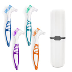 Front view of the 4-pc denture brush set with white carrying case