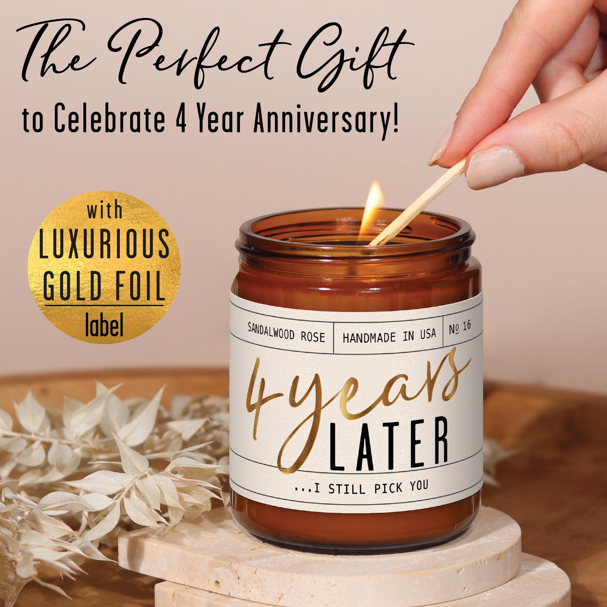 Close-up of the 4 Years Later engraving on the candle