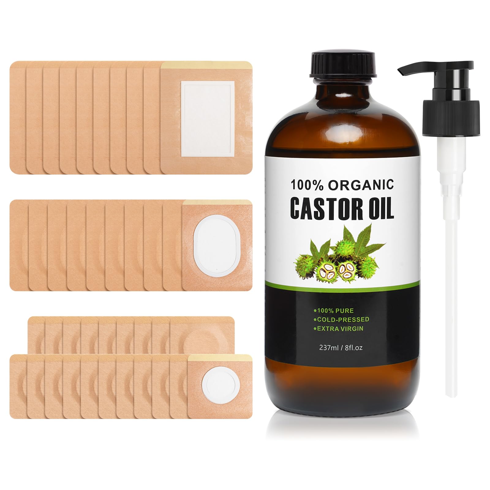 40-piece castor oil pack wrap set with patches in multiple sizes